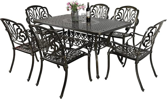 VIVIJASON 7 Pieces Cast Aluminum Outdoor Furniture Dining Set, Include 6 Chairs and a Rectangle Table with 2" Umbrella Hole, Patio Conversation Set for Lawn Garden Porch
