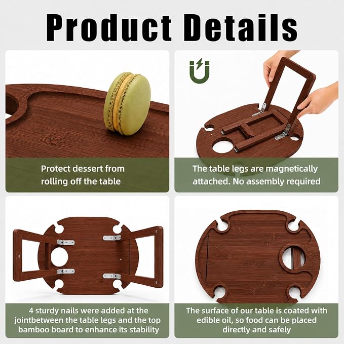 Portable Wine Picnic Table with 4 Glass Holders, Foldable Bamboo Outdoor Snack Table with Cheese Knife Set & Storage Bag, Low Picnic Tray for Camping, Grass, Beach, Romantic Date (Brown)