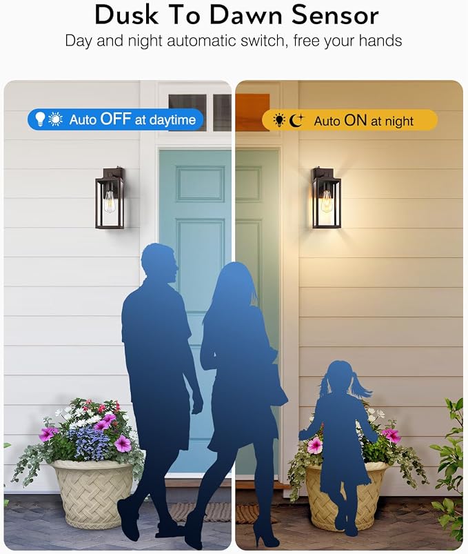 VIANIS 2 Pack Large Dusk to Dawn Exterior Garage Lighting Fixtures, Oil Rubbed Bronze Porch Lights Outdoor Wall Sconce Lantern, Modern Outside House Lights Wall Mount for Front Door, Coach