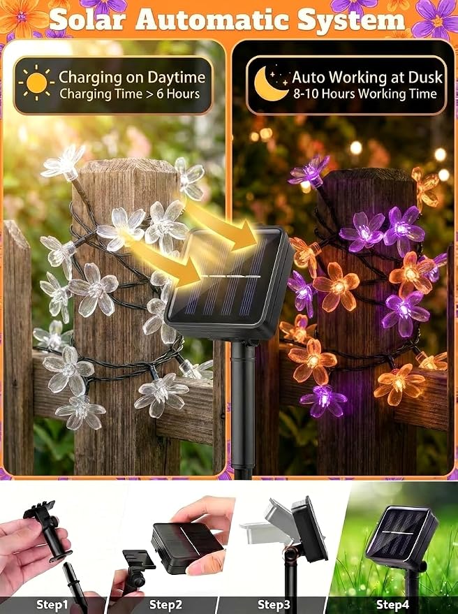 ITICdecor Solar Flower String Lights Outdoor Waterproof 50 LED Solar Powered Fairy Lights for Garden, Fence, Patio, Yard, Christmas Tree & Party Decor(Purple & Orange)