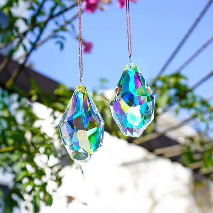 2 Pcs 3.5 Inch AB Crystal Prism Suncatcher Window Decor | AB Colored Crystal Prism Suncatcher Rainbow Maker Hanging Pendants Set of 2 for Window Garden Home Office Wedding Decor Gift