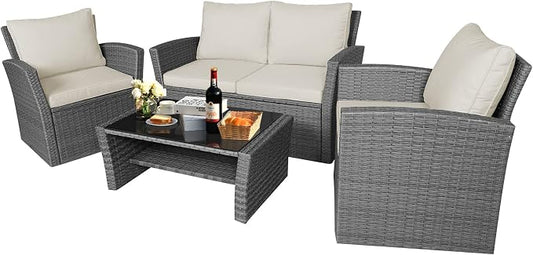 RELAX4LIFE 4 PCS Wicker Patio Furniture Set with Soft Cushions & Tempered Glass Table Outdoor Rattan Sofa Set for Backyard Garden Balcony Poolside Sectional Conversation Couch Set (Beige)