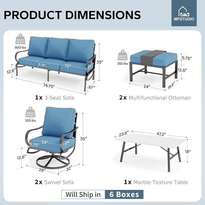 MFSTUDIO 6 Pieces Metal Patio Furniture Sets, 2 Swivel Chair, 1 Deep Seating 3-Seat Sofa, 2 Ottoman & 1 Marbling Coffee Table, All Weather 7 Seats Outdoor Conversation Set for Garden Backyard, Navy