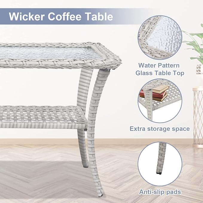 Belord Outdoor Wicker Loveseat with Coffee Table, Patio Loveseat Sofa 2 Piece Outdoor Wicker Furniture Set for Patio Porch Deck Balcony Light Beige/Blue