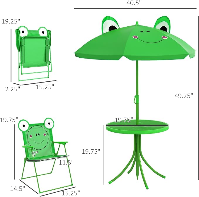 Outsunny Folding Kids Table and Chair Set, Picnic Table with Frog Pattern Removable & Height Adjustable Sun Umbrella for Garden, Backyard, Green