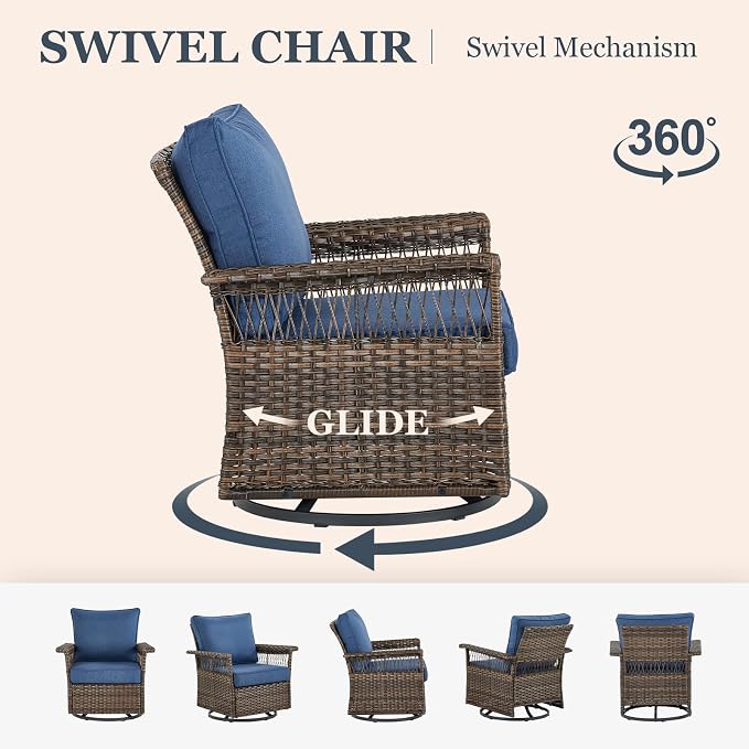 Patio Furniture Set 2 Wicker Swivel Glider Chairs 2 PE Rattan Ottomans with Patio PE Rattan Sofa Brown Wicker Blue Cushions Patio Conversation Set 5pcs for Garden Balcony Backyard