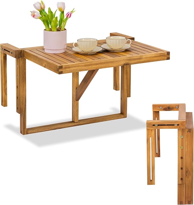 VICTORY RELAX Hanging Balcony Table - Foldable Acacia Wood Patio Table - Small Outdoor Workspace & Dining Table for Balcony Furniture - Temporary Workspace - Natural Color (27.2 x 23.6 x 17.5 Inches)