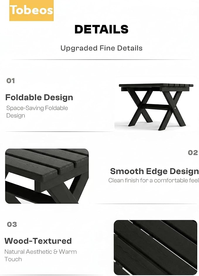 Outdoor Folding Side Table,HDPE Material, Portable Space-Saving Design, Weather-Ready with Authentic Wood-Grain Feel (Black, 1 Table)