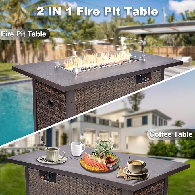 Grezone 15 Piece Patio Furniture Set with 44" Fire Pit Table, Outdoor Sectional Couch, PE Rattan Patio Conversation Sets with 4inch Cushions for Backyard Deep Blue