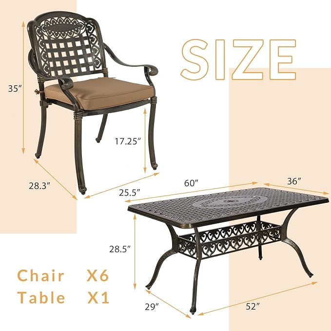 7-Piece Outdoor Patio Dining Set, 60” Rectangular Cast Aluminum Dining Table with Umbrella Hole and 6 Outdoor Dining Cushioned Chairs, Patio Funiture Set for Backyard, Patio, Garden
