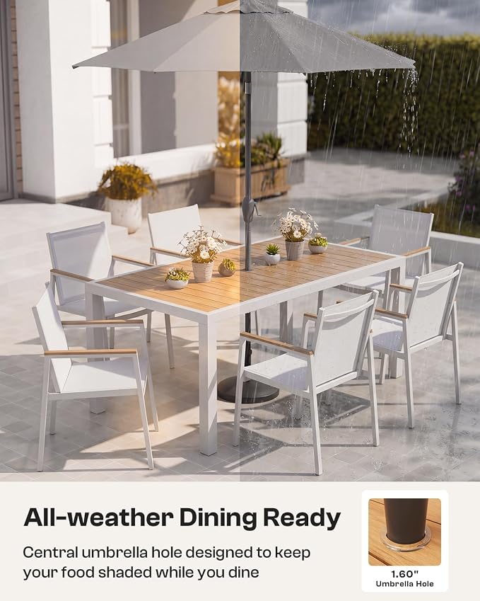 Outdoor Dining Set for 10, Aluminum Patio Table and Chairs Set, 12-Piece All Weather Patio Dining Furniture Set with Umbrella Hole for Backyard, Deck, Poolside (White-Teak)