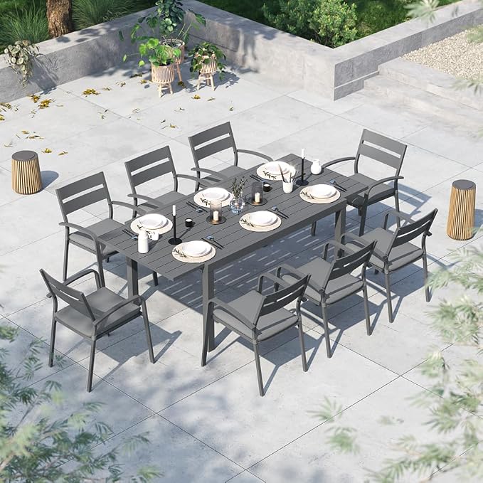 Soleil Jardin 9-Piece Outdoor Patio Dining Set, 59" - 83" Aluminum Expandable Outdoor Dining Table Set for 8, 8 Stackable Chairs with Gray Removable Cushions, Dark-Grey
