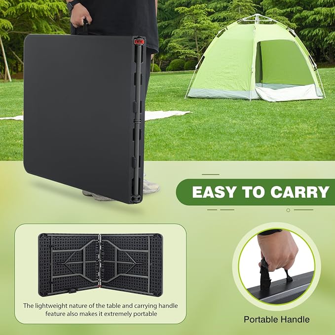 6FT White Folding Table, Portable Collapsible Dinner Table – Indoor/Outdoor Use for Camping, Patio, Yard, Wedding, Party & Cocktail Display, 500LBS (Black)