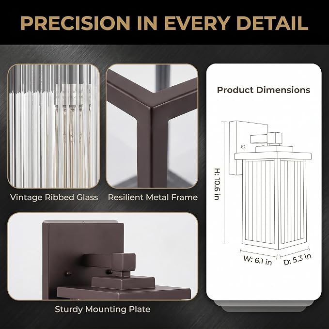 Oil-Rubbed Bronze Porch Light, Waterproof Outdoor Wall Light | Corrosion-Resistant Metal, Waterproof, Textured Glass Cuts Glare, Easy DIY Install on Porch, Garage