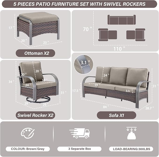 Belord 5-Piece Outdoor Patio Furniture Set All-Weather Wicker Couch with Swivel Rocker Outdoor Chairs and Multi-Functional Ottomans, Patio Conversation Set for Backyard Garden Balcony