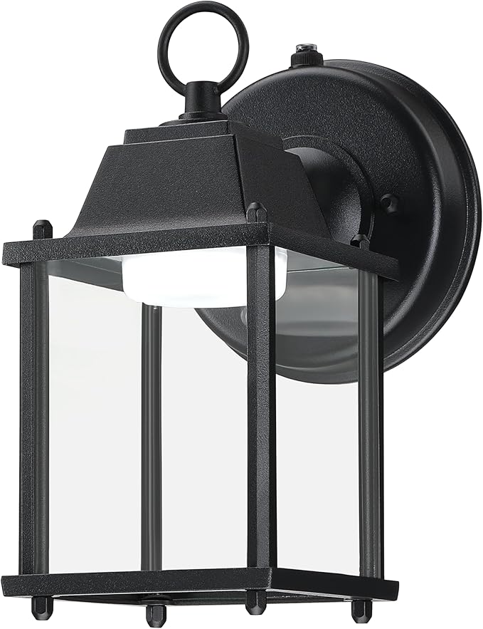 Outdoor Wall Light Fixture Dusk to Dawn, Rustproof Aluminum, LED | Exterior Porch Light Wall Sconce Lantern for House, Patio, Garage, Waterproof, Glass, 9.5W 800 Lumen, 5000K, Black, 1 Pack