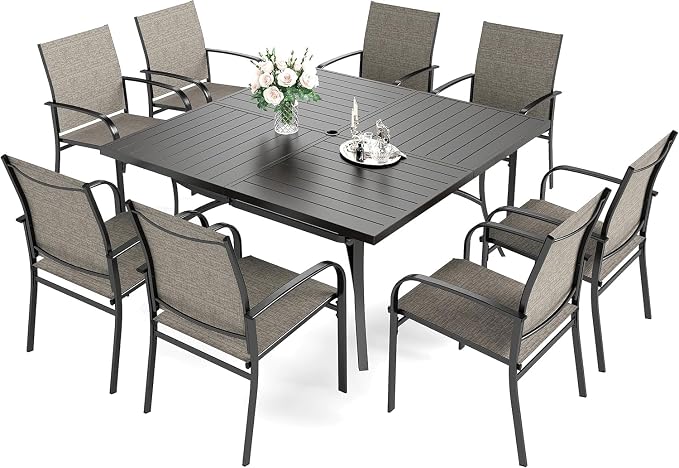 HERA'S HOUSE 9pc Outdoor Patio Dining Set for 8, Textilene Chairs, Brown | 57.5" Square Metal Table with umbrella hole. Waterproof, rust-resistant, all-weather for backyard, porch