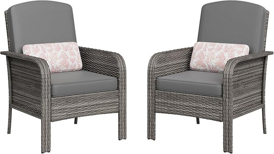 GarveeLife Patio Wicker Chairs Set of 2, Outdoor Rattan Dining Chairs with High Back & Deep Seating, All-Weather Wicker Armchairs for Deck Porch Balcony Backyard, Gray Gradient with Gray Cushions