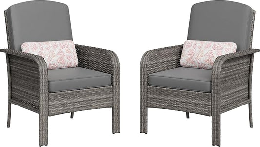 GarveeHome Outdoor Wicker Chairs Set of 2, All-Weather High Back Rattan Patio Furniture, 2-Piece Conversation Set with Comfy Cushions for Porch, Deck, Gray, Blue Cushion