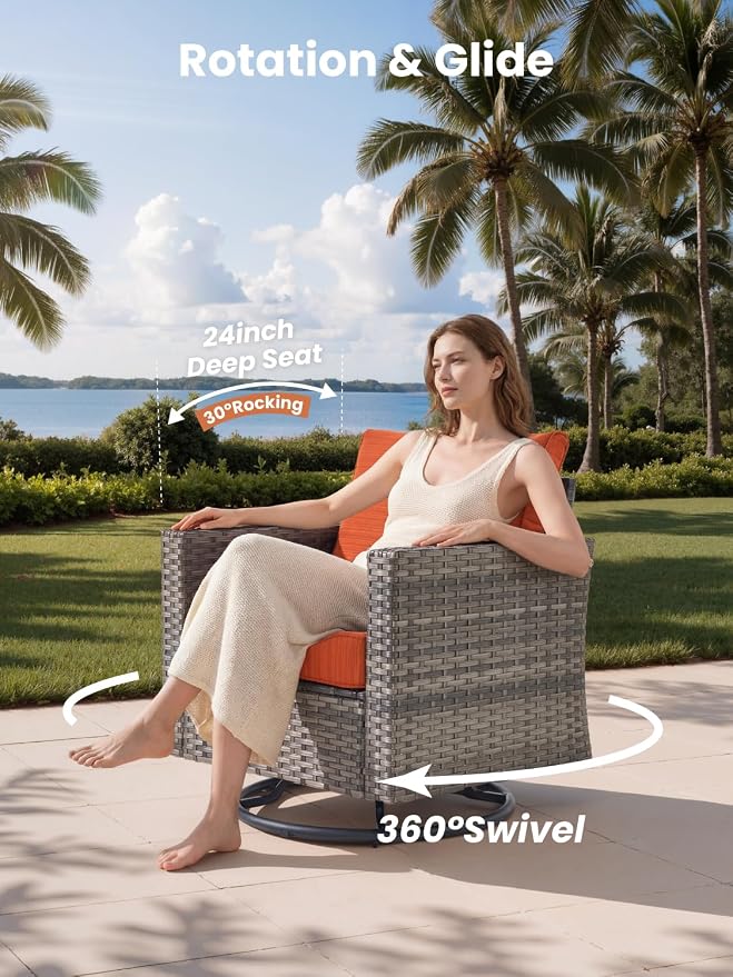 ovios 10 Piece Outdoor Patio Furniture Set with Fire Pit Table,Conversation Sectional Wicker Couch with Swivel Chairs,Modern Outside Sofa for Balcony Backyard, Orange