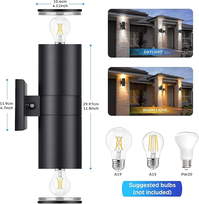 Black Exterior Lighting Fixtures Wall Mount Dusk to Dawn, Modern Outdoor Wall Lights for House Waterproof, 2-Light Up and Down Cylinder Wall Sconces for Garage Porch Outside Patio Yard, 4-Pack