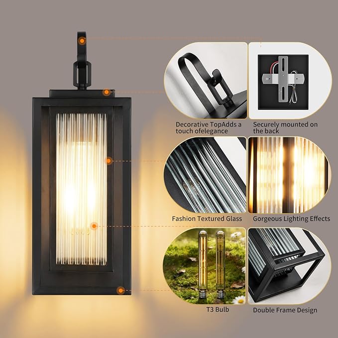 Outdoor Wall Lights for House Exterior, 18 Inch Large Black Modern Lantern with Dual Metal Frame & Textured Glass, IP65 Waterproof (Bulbs Included)
