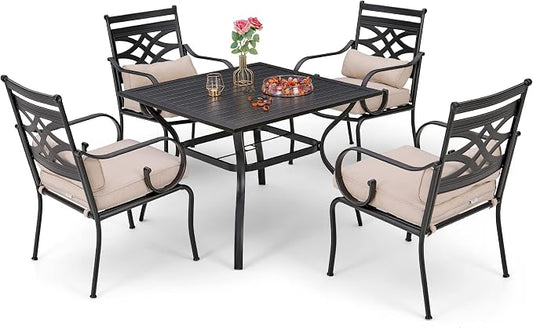 Sophia & William Patio Dining Set, Steel, Black | Umbrella Hole, E-Coated, Cushions Included, For Patio, Garden and Yard