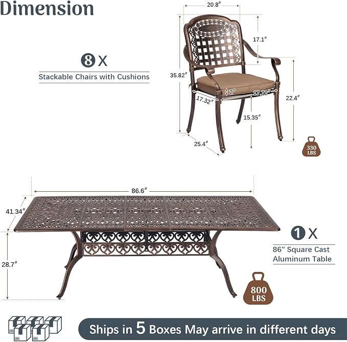 Redlife 9-Piece Cast Aluminum Outdoor Dining Set, 86" Rectangular Patio Table with Umbrella Hole, 8 Stackable Chairs with Cushions, Lattice Backrest, All-Weather Waterproof Patio Furniture Set