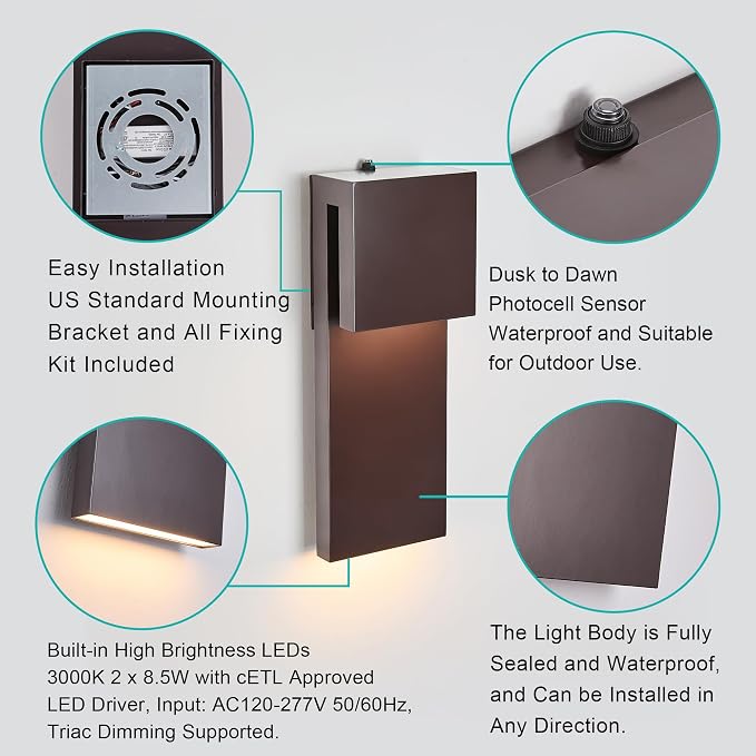 Tarentlight 15IN Outdoor Wall Sconce Fixture,Dusk to Dawn Patio Lights,Waterproof Exterior Lamp,Modern Wall Mounted with 17W 3000K LED, Bronze Finish,Outside Lights for House Front Door Entryway