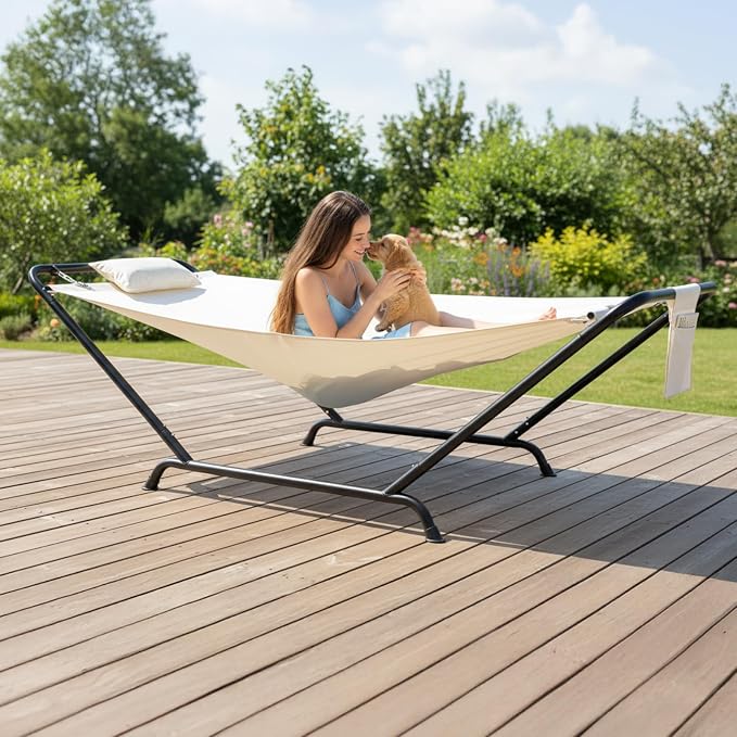 600LBS Heavy Duty Freestanding Hammock with Stand, Soft Pillow & Storage Bag, Weather Resistant Double Layer Outdoor Hammock Bed for Backyard Patio Garden, Beige