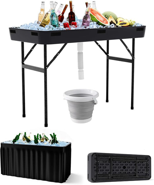 Folding Ice Cooler Table with Drain & Removable Matching Skirt, No Assembly Outdoor Cooler Side Tables, Beverage Fill and Chill Tables, Portable Ice Table for Party BBQ Camping Wedding
