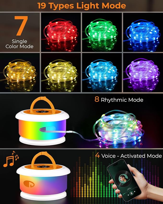 Camping String Lights, Retractable 32.8FT Rechargeable Fairy Light | Quick Storage RGB Flash Lamp Outdoor Waterproof, Portable Hanging Lantern for Outside Tent Patio Awning Garden RV Essentials