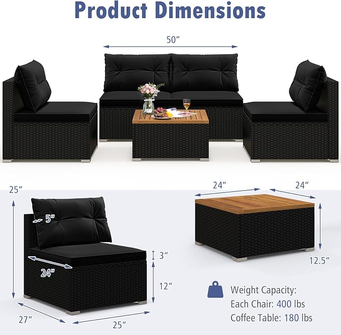 Tangkula 5 Pieces Wicker Patio Furniture Set, Outdoor 4 Armless Rattan Sofa & Coffee Table Set, with Cushions, Acacia Wood Tabletop, Sectional Patio Conversation Set for Lawn, Yard, Poolside, Black