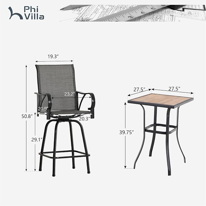PHI VILLA Outdoor Patio Swivel Bar Set of 3, Textilene Furniture Bistro Set with 2 Bar Stools and Square Patio Bar Table for Garden Lawn Yard