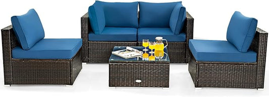 COSTWAY 5-Piece Outdoor Patio Furniture Set, PE Rattan Sofa Chairs with Cushions and Tempered Glass Coffee Table, Conversation Sofa Set for Backyard Garden (Navy)