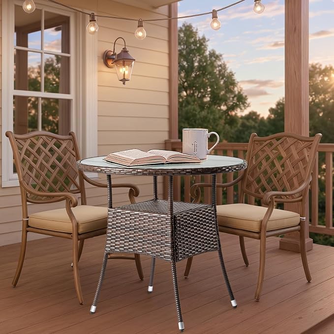 31.5 Inch Round Patio Dining Table for 2-4, Outdoor Wicker Table with Glass Top, All-Weather Rattan Bistro Coffee Table for Backyard, Deck, Porch, Poolside, Easy Assembly for Outdoor Use Brown