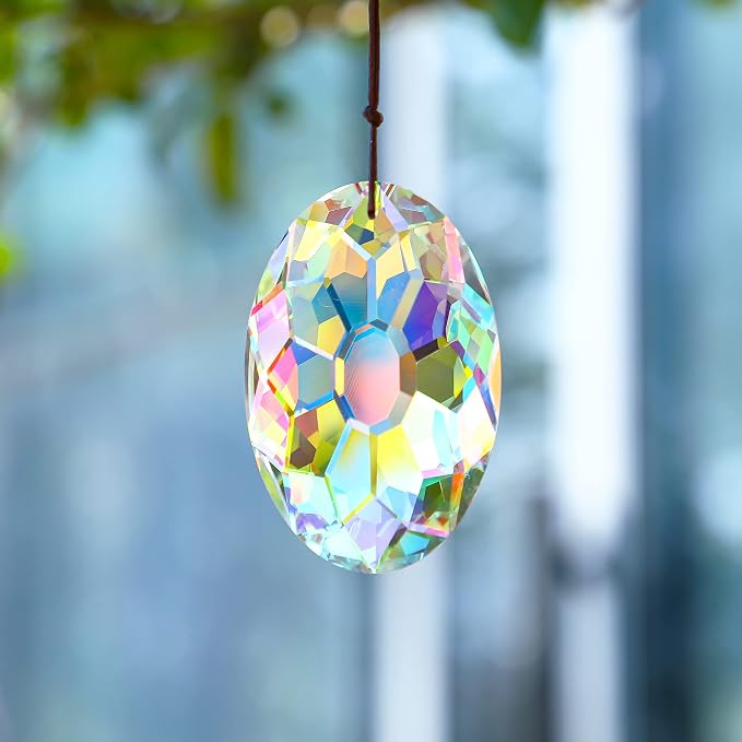 YU FENG 3.5 Inch Oval Crystal Prism Suncatcher, AB Rainbow Maker | AB Coating Faceted Glass Pendant, Colorful Light Catcher, Window Hanging Decor, Rainbow Reflections, Home Garden Ornament