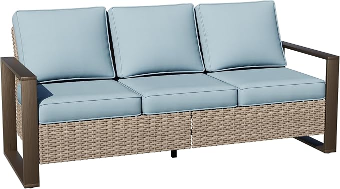 Joyside Outdoor Patio Wicker Sofa, 3-Seater Rattan Sofa with Thick Olefin Cushions and Metal Steel Rectangular Framed Armrest -Looking Metal Armrest Suitable for Garden, Backyard, Porch, Deck