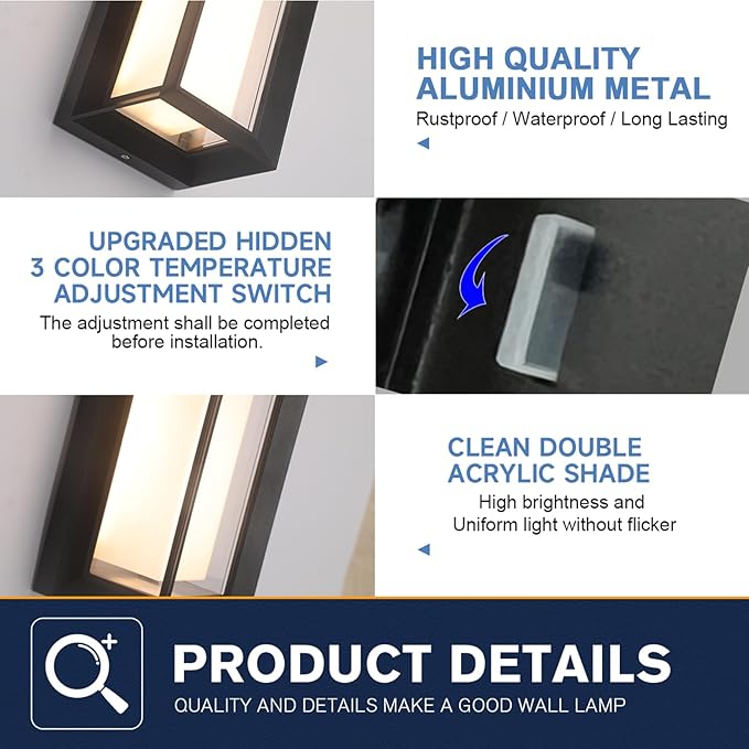 2 Pack Outdoor Wall Lights Exterior/Interior LED 24W Adjustable 3-Color 2100LM IP65 Sconces Lights Waterproof Modern Outdoor Porch Lighting Fixtures Aluminum Wall Lights Compatible with Dimmers