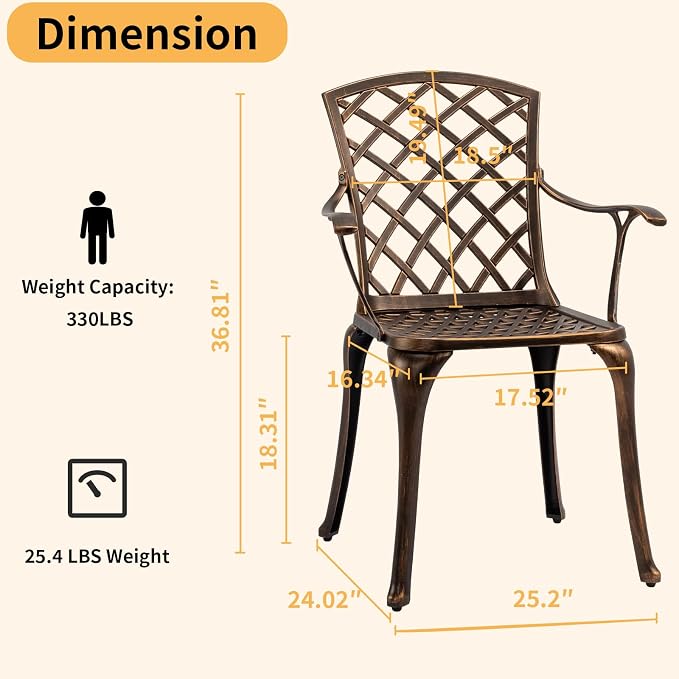 VINGLI 5 Pieces Outdoor Patio Dining Set, Cast Aluminium Patio Furniture Set with 4 Chairs and 1 Umbrella Table for Yard, Garden, Porch and Poolside, Bronze (Square Table)