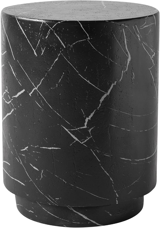 LeisureMod 14” Wide Round Side Table in Fiberstone with Travertine/Painted Finish Tapered Base Indoor and Outdoor Use for Modern Home, Living Room, Patio, Backyard Ramble Collection (Black Marble)
