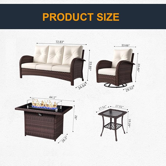 7 Pieces Outdoor Wicker Patio Swivel Rocking Chairs, All Weather Wicker Conversation Set with 44" Fire Pit Table
