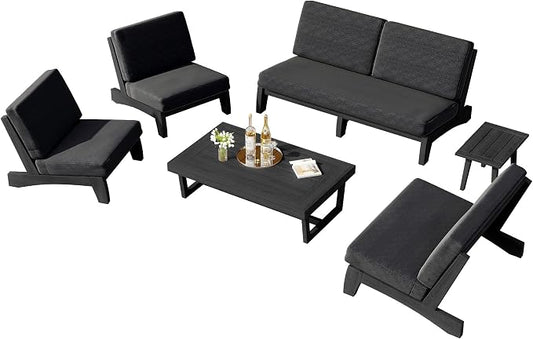 6 Piece Teak Outdoor Patio Frutnire Set, 7 Seater Patio Conversation Sets with Thick Cushions, Outdoor Sectional Furniture with Coffee Table - Dark Gray