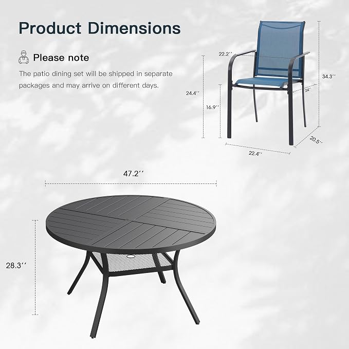 VICLLAX 7 Pieces Patio Outdoor Dining Set, 47.2" Round Metal Table with Umbrella Hole and Storage Shelf, 6 Stackable Textilene Chairs for Patio, Lawn, Garden, Porch, Black/Dark Blue
