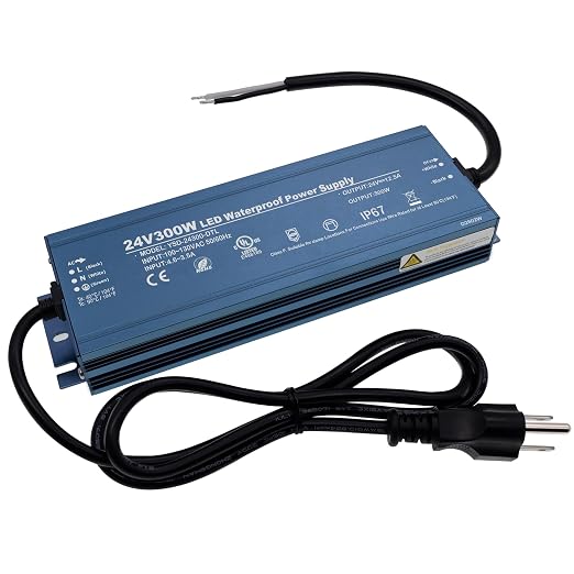 24V 300W UL Listed LED Power Supply with 3.28ft US Standard Plug Wire | Waterproof IP67 Low Voltage Transformer, 100V-130V AC to 24V DC Converter, for DC24V LED Lighting Products