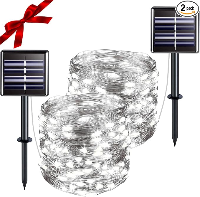 Solar Fairy Lights Outdoor Waterproof, 2 Pack 33ft 100 LED Solar Twinkle Lights, 8 Modes White Solar Christmas Lights for Backyard Trees Patio Deck Garden Birthday Party Wedding Decorations