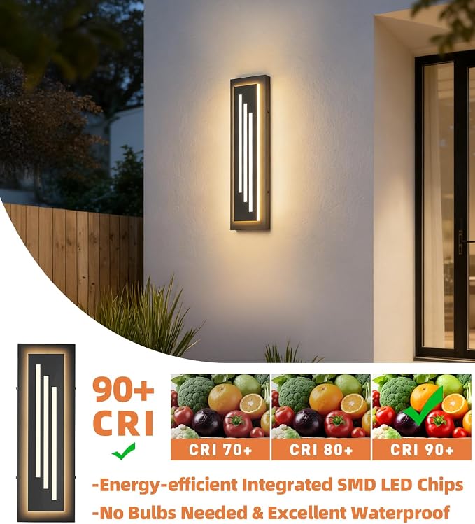 tewei 15.7'' Outdoor Wall Lights Modern Black LED Outdoor Wall Sconce, Large Long Exterior Lighting Fixtures, 3000K Waterproof Front Porch Lights Outside Lights for House, Garage, Indoor, 2 Pack