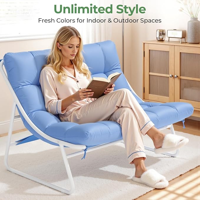 Jocoevol Patio Furniture Set, 4-Piece Outdoor Patio Conversation Set, 2-in-1 Metal Patio Sofa Sets with Cushions & Glass Coffee Tablefor Backyard, Garden, Porch, Poolside, White & Blue