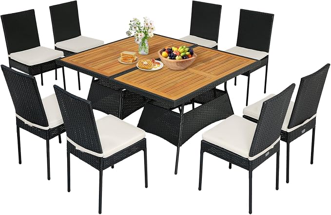 Tangkula 10 Piece Wicker Patio Dining Set, Outdoor Rattan Table & Chairs Set with Padded Cushions, Patio Furniture Dining Acacia Wood Table Set for Balcony Patio Garden Poolside