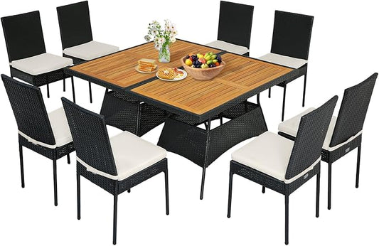 Tangkula 10 Piece Wicker Patio Dining Set, Outdoor Rattan Table & Chairs Set with Padded Cushions, Patio Furniture Dining Acacia Wood Table Set for Balcony Patio Garden Poolside